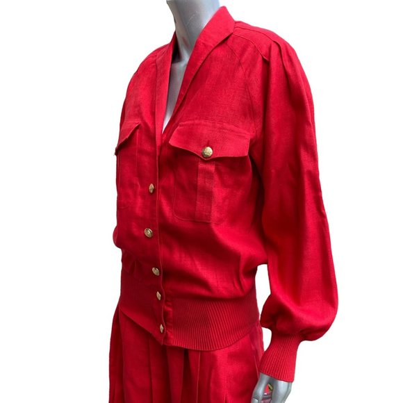 Vintage Neiman Marcus Red Linen Retro Pleated Skirt Suit 8 - Picture 8 of 12